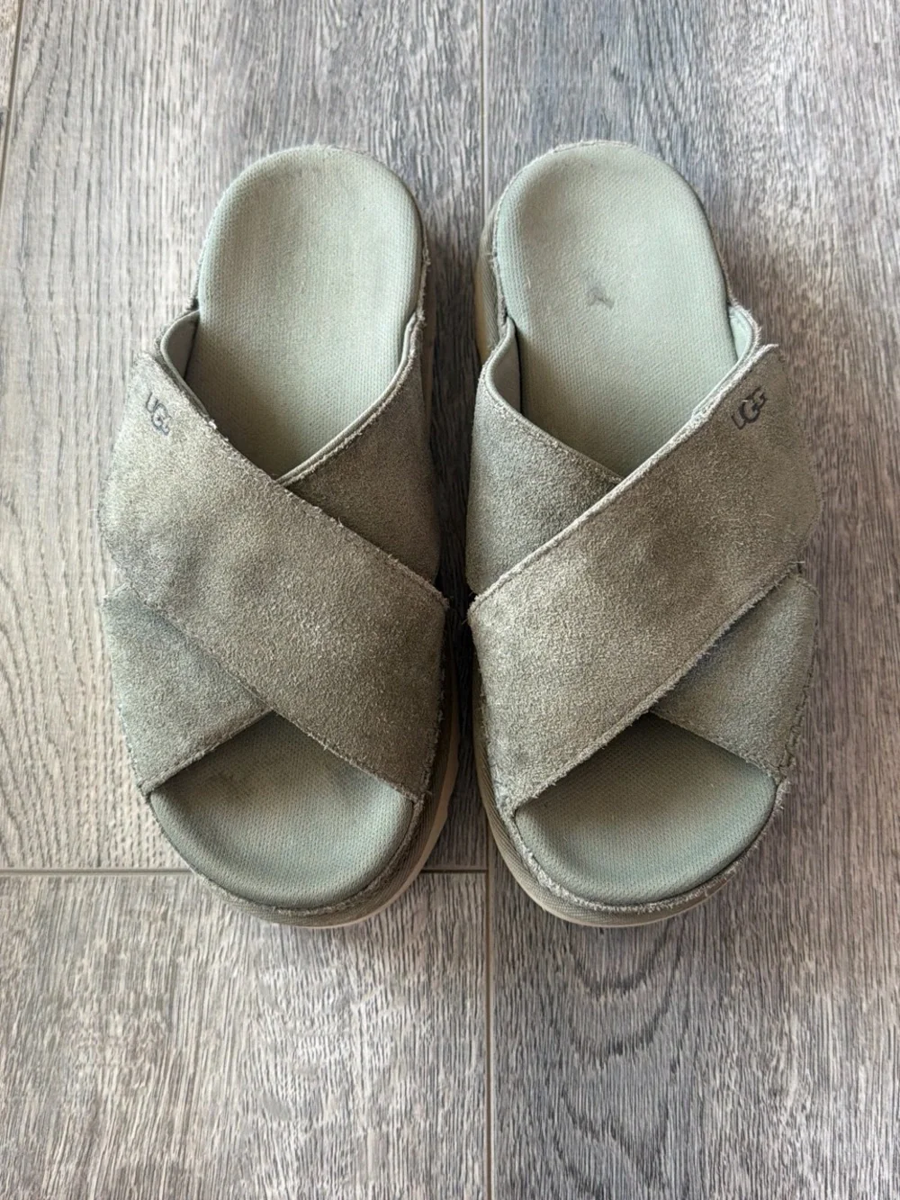 UGG Olive Green Suede Platform Slide Sandals